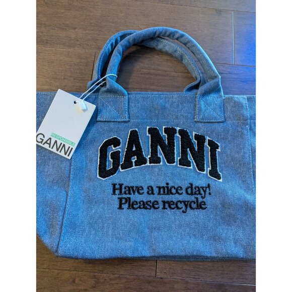 GANNI Denim Mini Gift Tote Bag Blue Have A Nice Day New NWT - Picture 3 of 4